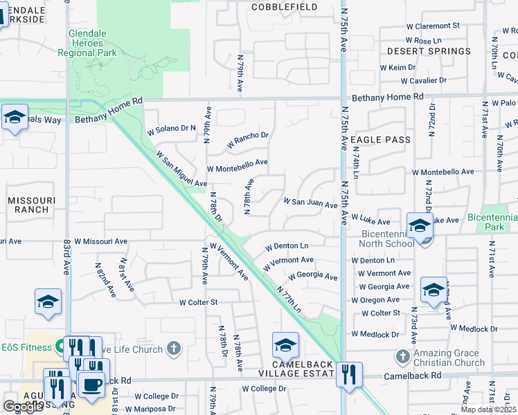 map of restaurants, bars, coffee shops, grocery stores, and more near 7714 West Luke Avenue in Glendale