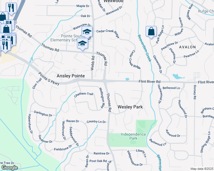 map of restaurants, bars, coffee shops, grocery stores, and more near Thomas Road in Clayton County
