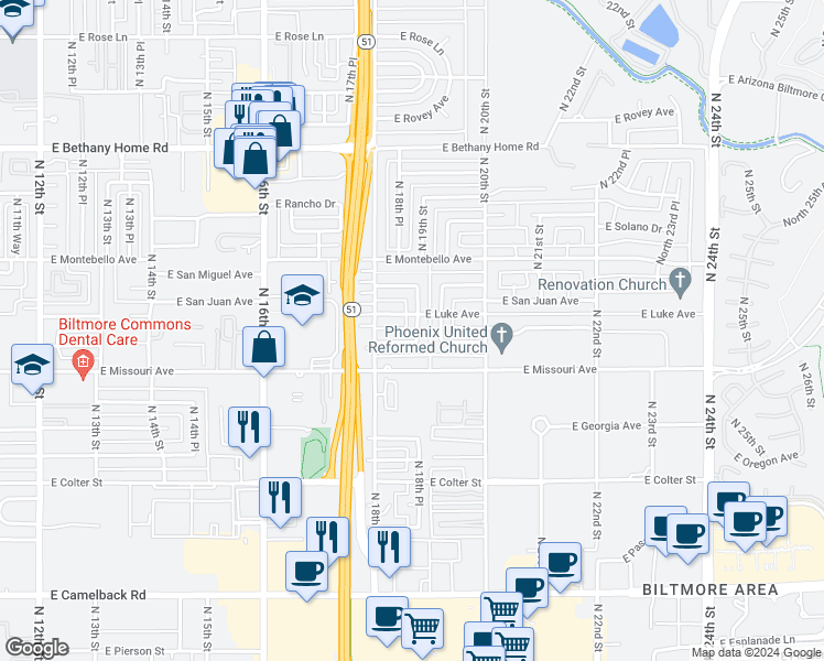 map of restaurants, bars, coffee shops, grocery stores, and more near 5534 North 19th Street in Phoenix