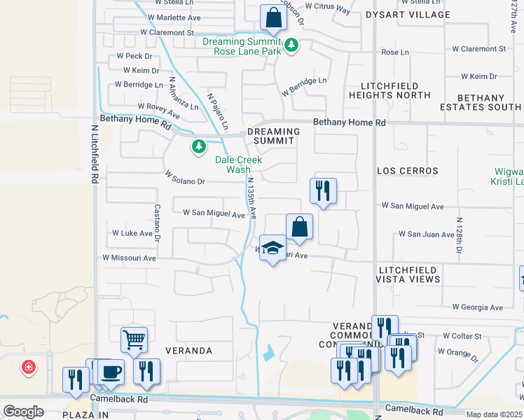 map of restaurants, bars, coffee shops, grocery stores, and more near 13515 West San Miguel Avenue in Litchfield Park
