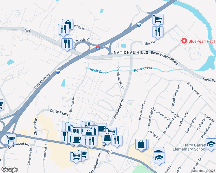 map of restaurants, bars, coffee shops, grocery stores, and more near 502 Walden Hills Court in Augusta