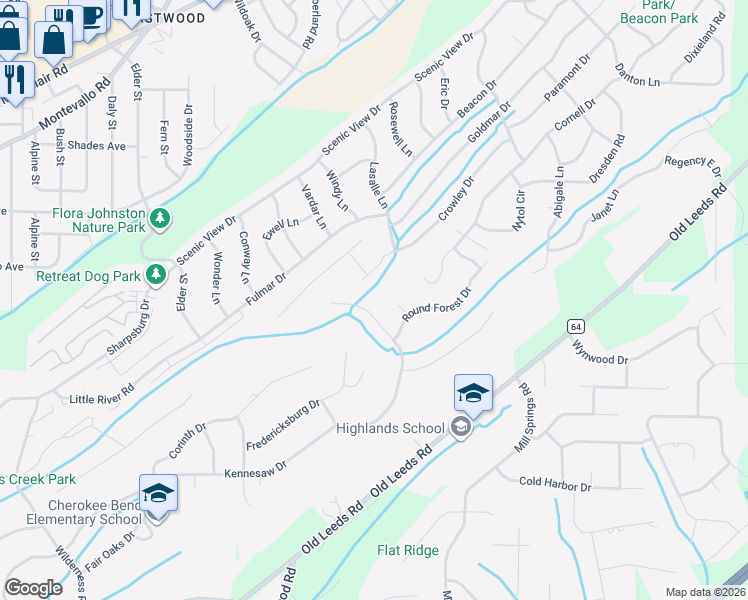 map of restaurants, bars, coffee shops, grocery stores, and more near 4623 Pine Mountain Road in Birmingham