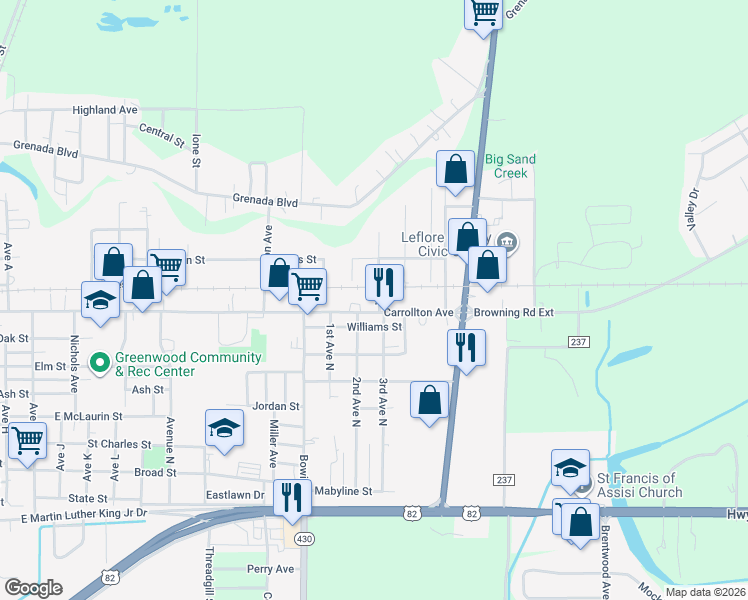 map of restaurants, bars, coffee shops, grocery stores, and more near 602 Hope Street in Greenwood