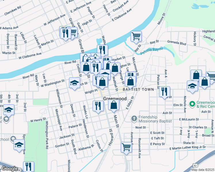 map of restaurants, bars, coffee shops, grocery stores, and more near 410 Main Street in Greenwood