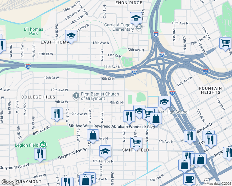 map of restaurants, bars, coffee shops, grocery stores, and more near 972 3rd Street North in Birmingham
