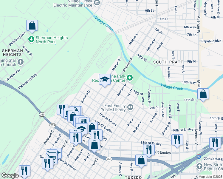 map of restaurants, bars, coffee shops, grocery stores, and more near 1303 Avenue F in Birmingham