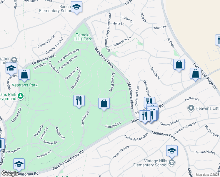 map of restaurants, bars, coffee shops, grocery stores, and more near 31532 Royal Oaks Drive in Temecula