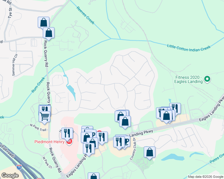map of restaurants, bars, coffee shops, grocery stores, and more near 108 Holly Ridge Road in Stockbridge