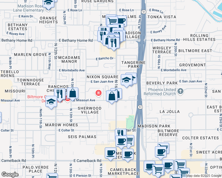 map of restaurants, bars, coffee shops, grocery stores, and more near 5550 North 16th Street in Phoenix