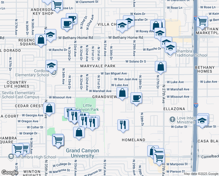 map of restaurants, bars, coffee shops, grocery stores, and more near in Phoenix