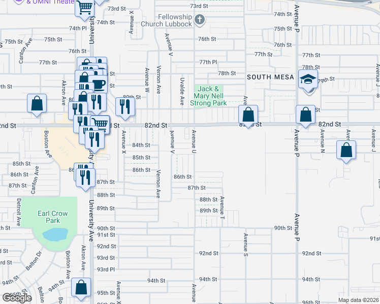map of restaurants, bars, coffee shops, grocery stores, and more near 8406 Avenue U in Lubbock