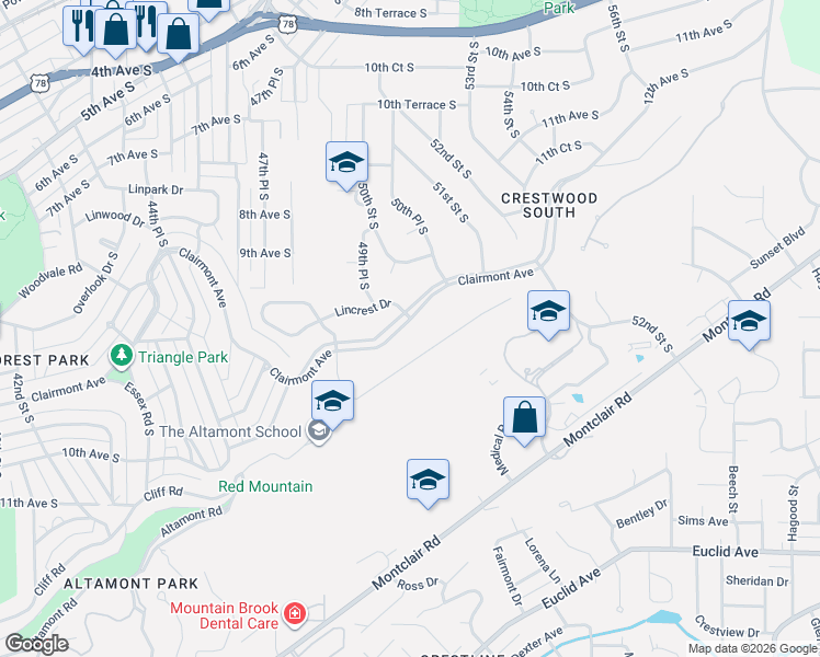 map of restaurants, bars, coffee shops, grocery stores, and more near 4960 Altamont Road South in Birmingham