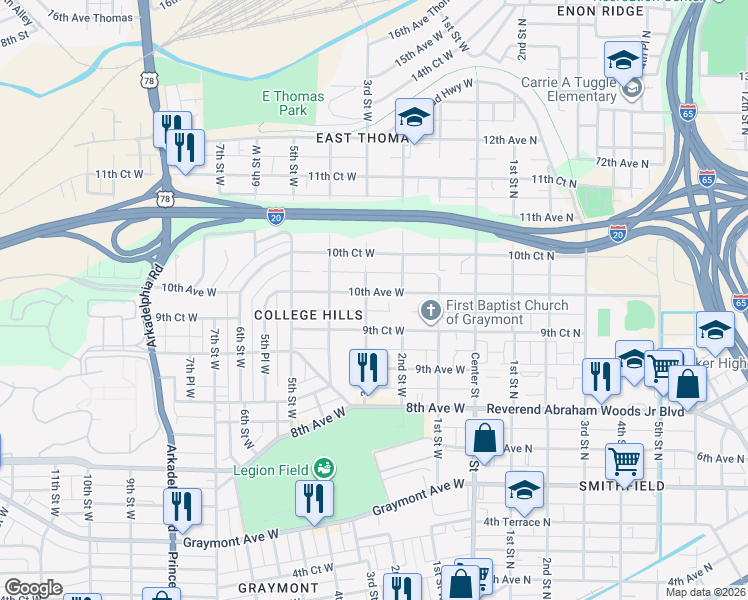 map of restaurants, bars, coffee shops, grocery stores, and more near 948 3rd Street West in Birmingham