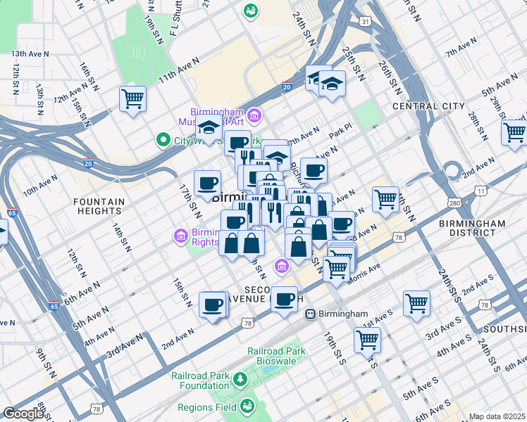 map of restaurants, bars, coffee shops, grocery stores, and more near in Birmingham