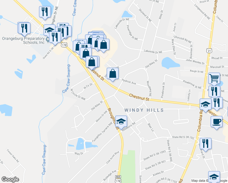 map of restaurants, bars, coffee shops, grocery stores, and more near 2219 Chestnut Street in Orangeburg