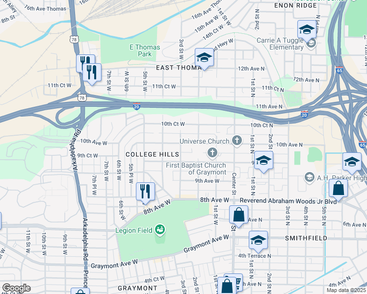 map of restaurants, bars, coffee shops, grocery stores, and more near 963 3rd Street West in Birmingham