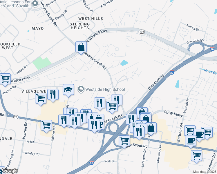 map of restaurants, bars, coffee shops, grocery stores, and more near 110 Point Place in Augusta