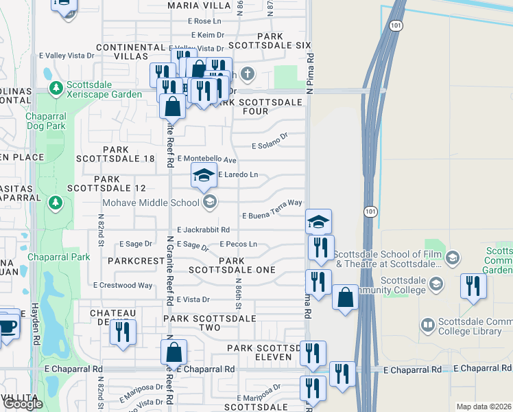 map of restaurants, bars, coffee shops, grocery stores, and more near 8608 East Buena Terra Way in Scottsdale