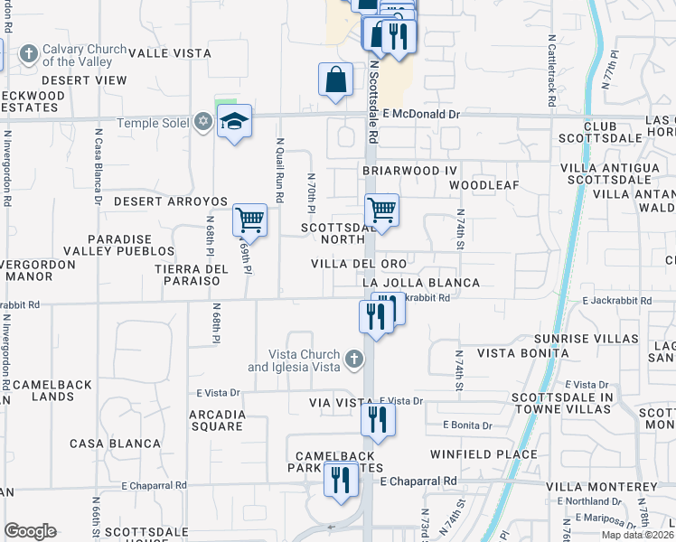 map of restaurants, bars, coffee shops, grocery stores, and more near 7120 East Arlington Road in Paradise Valley