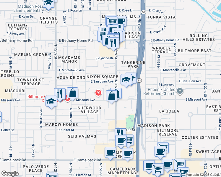 map of restaurants, bars, coffee shops, grocery stores, and more near 5550 North 16th Street in Phoenix
