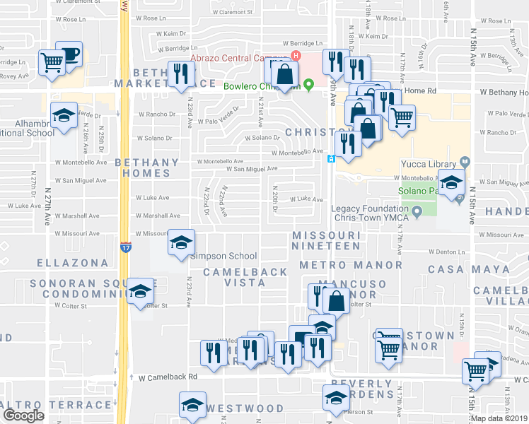 map of restaurants, bars, coffee shops, grocery stores, and more near 5513 North 21st Avenue in Phoenix
