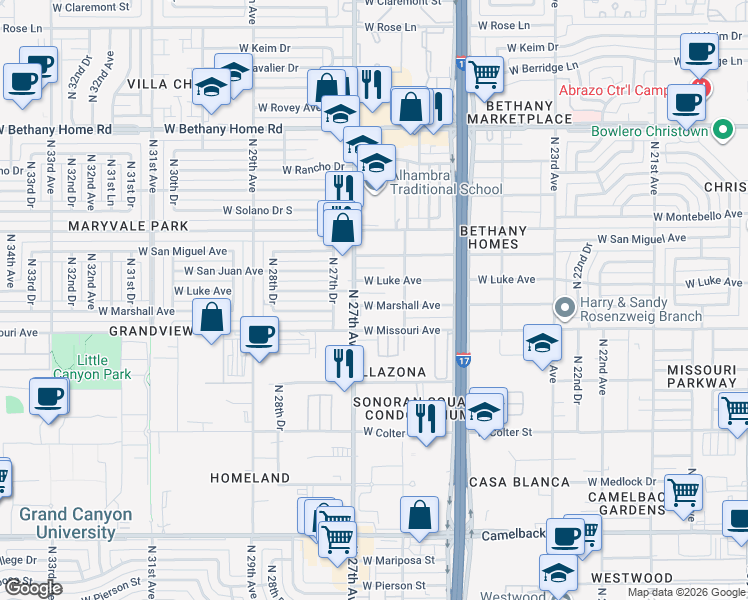 map of restaurants, bars, coffee shops, grocery stores, and more near 2625 West Marshall Avenue in Phoenix