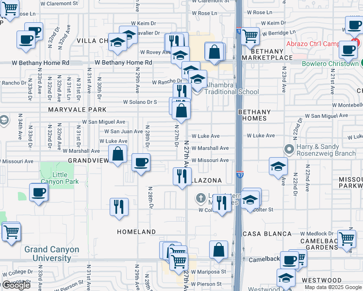 map of restaurants, bars, coffee shops, grocery stores, and more near 5517 North 27th Drive in Phoenix