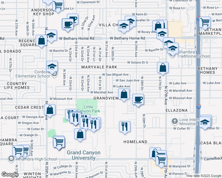 map of restaurants, bars, coffee shops, grocery stores, and more near in Phoenix