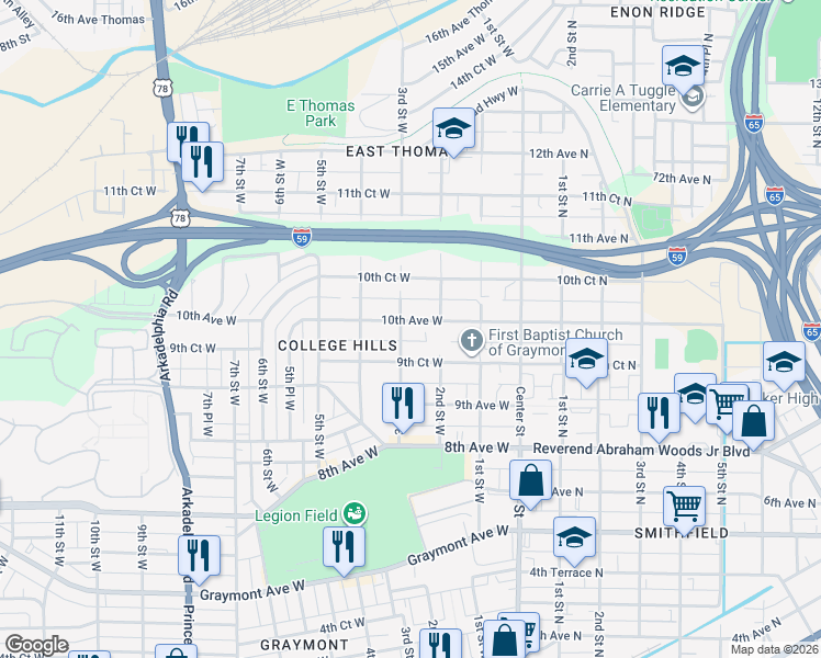 map of restaurants, bars, coffee shops, grocery stores, and more near 948 3rd Street West in Birmingham