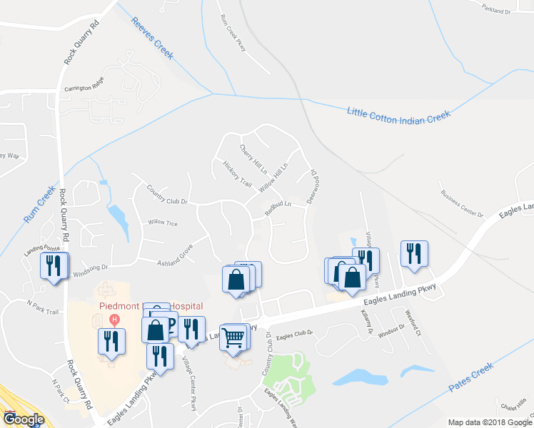 map of restaurants, bars, coffee shops, grocery stores, and more near 634 Redbud Lane in Stockbridge