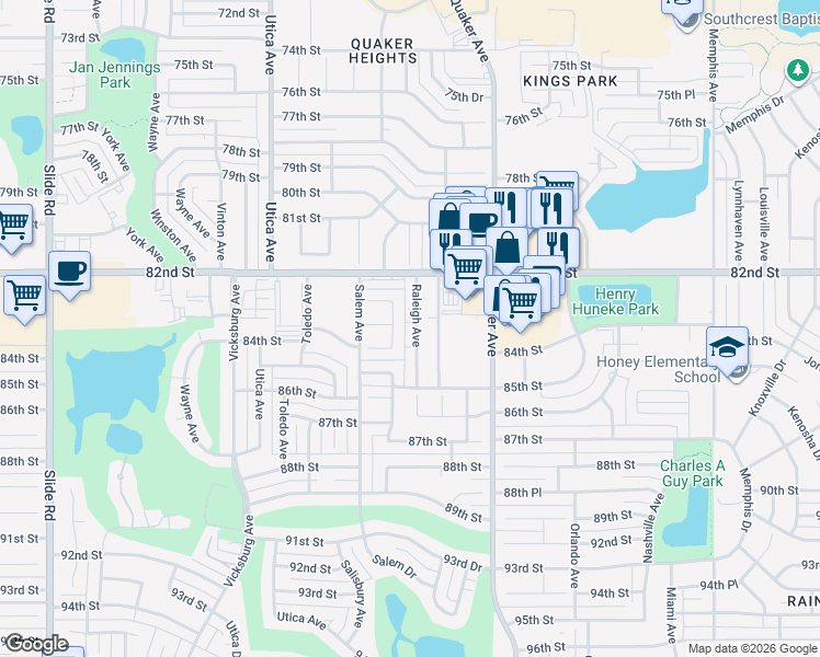 map of restaurants, bars, coffee shops, grocery stores, and more near 8242 Raleigh Avenue in Lubbock