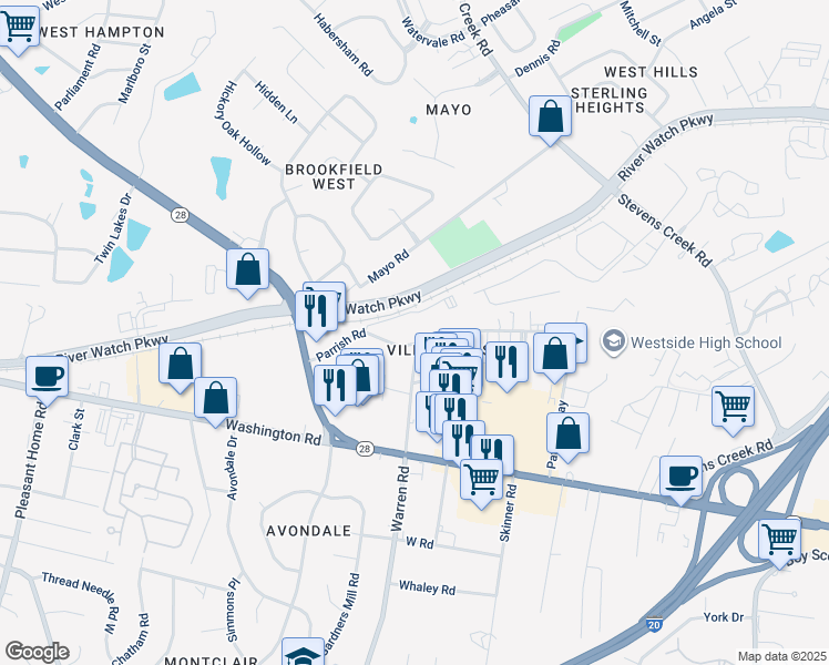 map of restaurants, bars, coffee shops, grocery stores, and more near 1001 Beverly Heights Drive in Augusta