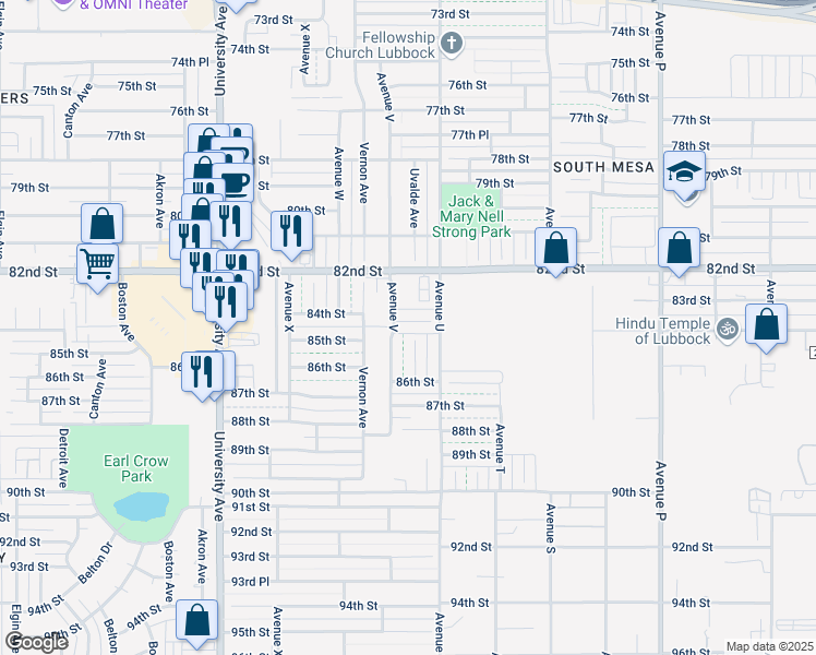map of restaurants, bars, coffee shops, grocery stores, and more near 2113 84th Street in Lubbock