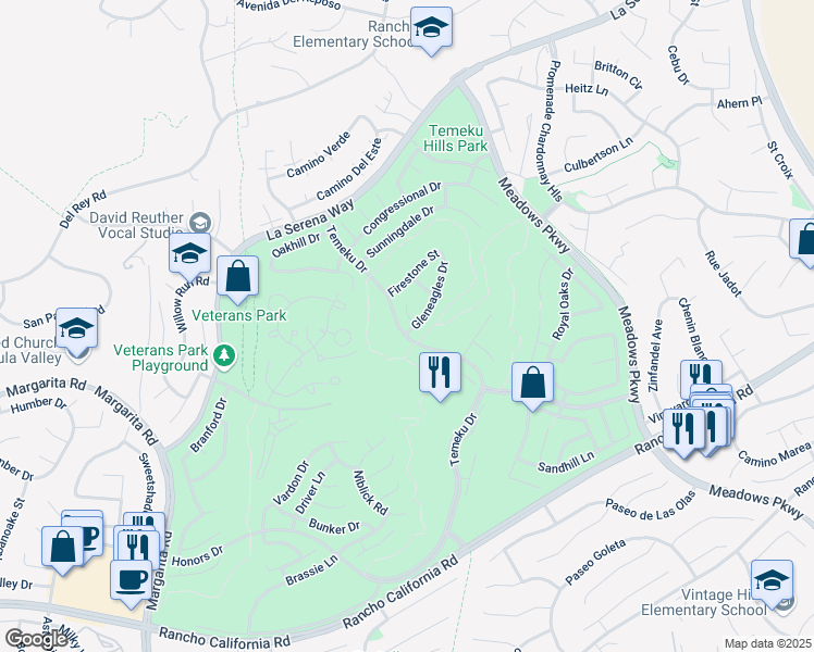 map of restaurants, bars, coffee shops, grocery stores, and more near 31107 Gleneagles Drive in Temecula