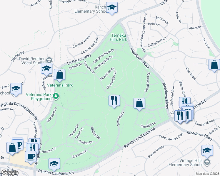 map of restaurants, bars, coffee shops, grocery stores, and more near 31135 Gleneagles Drive in Temecula