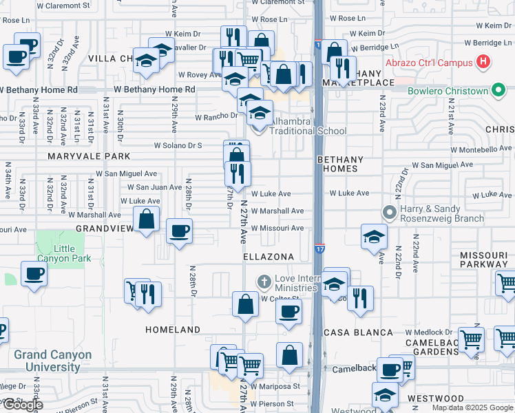 map of restaurants, bars, coffee shops, grocery stores, and more near 2625 West Marshall Avenue in Phoenix