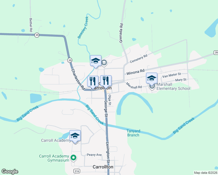 map of restaurants, bars, coffee shops, grocery stores, and more near 500 Hemingway Street in Carrollton