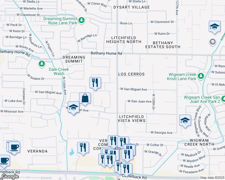 map of restaurants, bars, coffee shops, grocery stores, and more near 5613 North 131st Drive in Litchfield Park