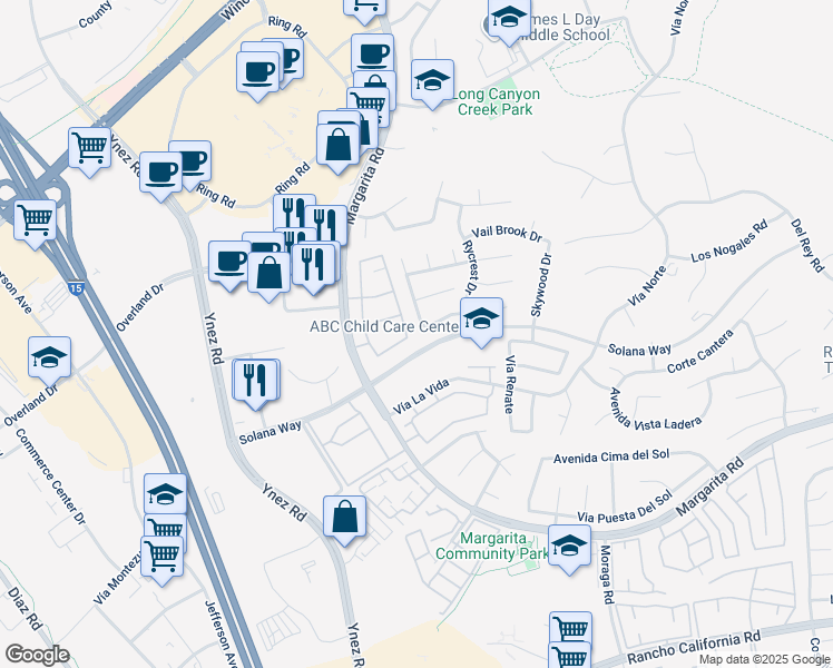 map of restaurants, bars, coffee shops, grocery stores, and more near 41967 Shorewood Court in Temecula