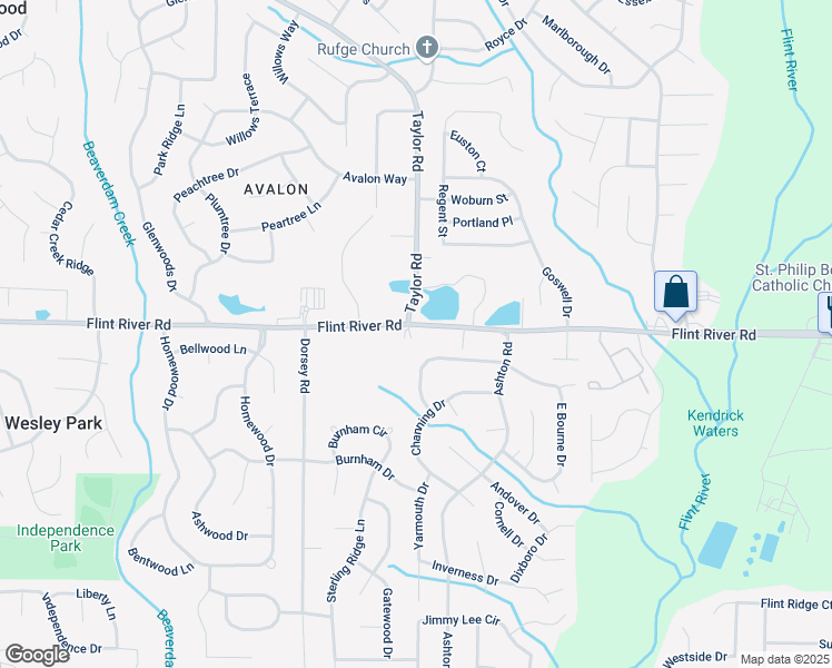 map of restaurants, bars, coffee shops, grocery stores, and more near 8 Flint River Road in Jonesboro