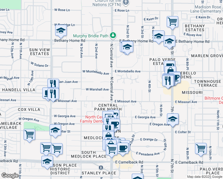 map of restaurants, bars, coffee shops, grocery stores, and more near 3800 North Central Avenue in Phoenix