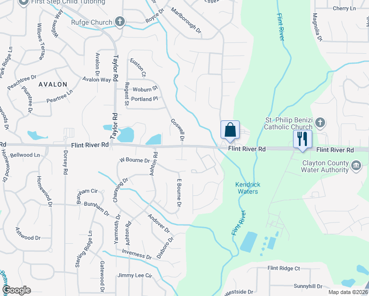 map of restaurants, bars, coffee shops, grocery stores, and more near 182 Rivergate Court in Jonesboro