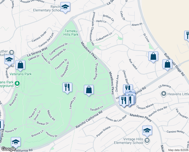 map of restaurants, bars, coffee shops, grocery stores, and more near 31525 Royal Oaks Drive in Temecula