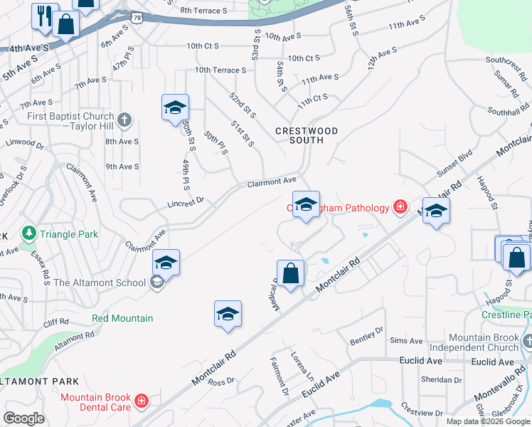 map of restaurants, bars, coffee shops, grocery stores, and more near 5013 Altamont Road South in Birmingham