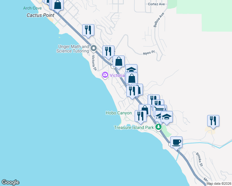map of restaurants, bars, coffee shops, grocery stores, and more near 20 Lagunita Drive in Laguna Beach