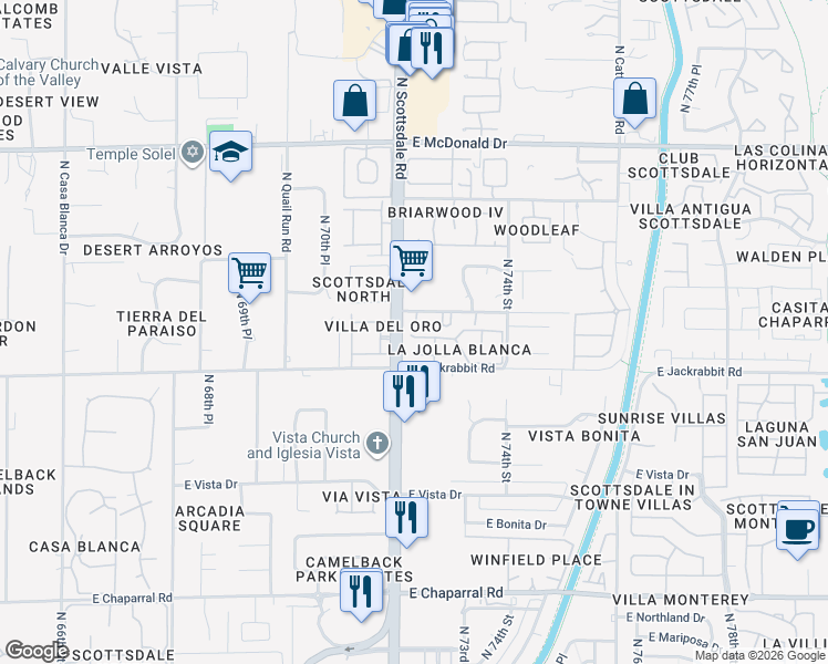 map of restaurants, bars, coffee shops, grocery stores, and more near 7205 East Arlington Road in Scottsdale