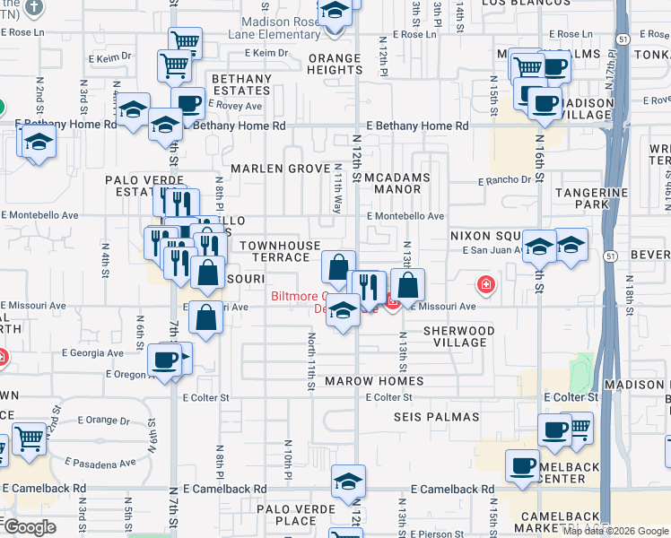 map of restaurants, bars, coffee shops, grocery stores, and more near 1130 East Missouri Avenue in Phoenix