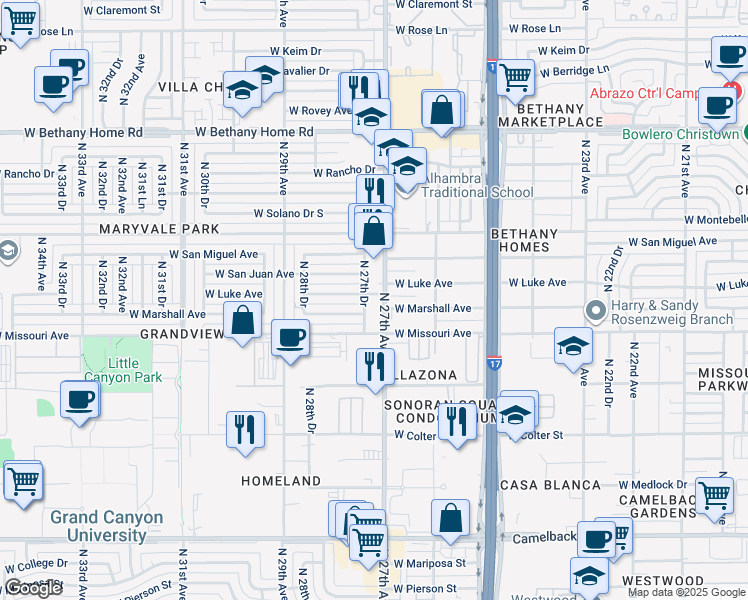 map of restaurants, bars, coffee shops, grocery stores, and more near 5517 North 27th Drive in Phoenix