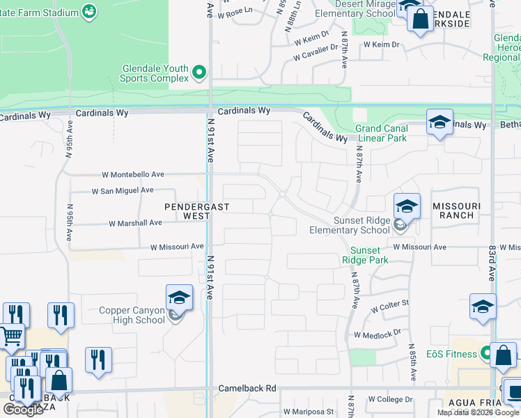 map of restaurants, bars, coffee shops, grocery stores, and more near 8938 West Marshall Avenue in Glendale