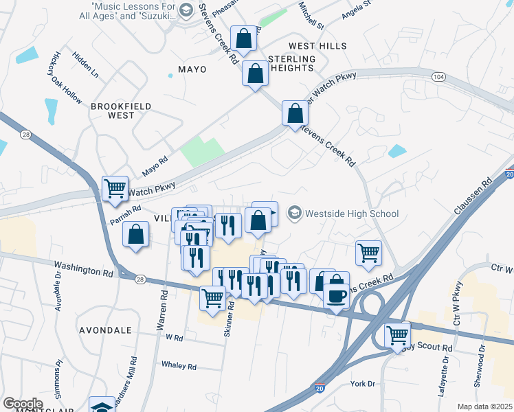 map of restaurants, bars, coffee shops, grocery stores, and more near 1005 Patriots Way in Augusta